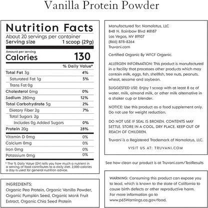 Truvani Vegan Pea Protein Powder | Vanilla | 20g Organic Plant Based Protein Per Serving | 20 Servings | Keto | Gluten & Dairy Free | Low Carb | No Added Sugar