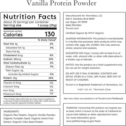 Truvani Vegan Pea Protein Powder | Vanilla | 20g Organic Plant Based Protein Per Serving | 20 Servings | Keto | Gluten & Dairy Free | Low Carb | No Added Sugar