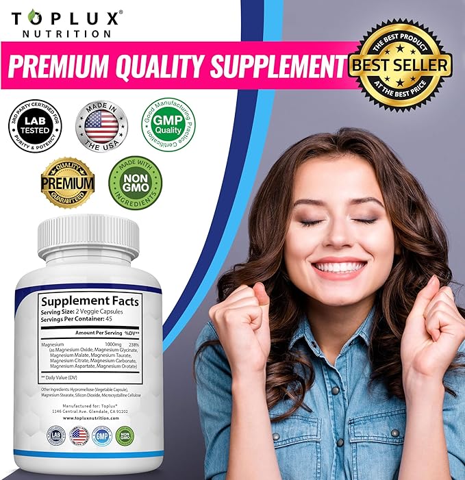 Toplux, Magnesium Complex Supplement 8 Elemental 1000mg - Magnesium Glycinate, Citrate, Malate, Taurate, Chelated for Easy Absorption for Bones, Muscle, Recovery, Energy, Vegan Non-GMO 90 Capsules