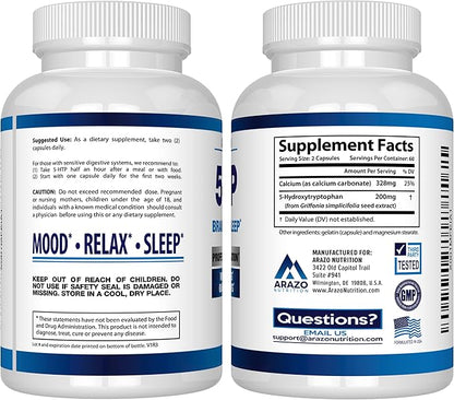 Arazo Nutrition 5-HTP 200 MG Plus Calcium for Mood, Sleep – Supports Calm and Relaxed Mood – 99% High Purity – 120 Capsules