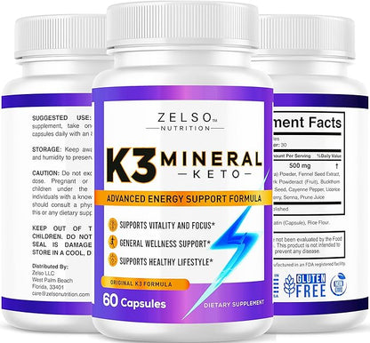ZELSO (2 Pack) K3 Mineral Pills - K3 Salt Mineral, Vitamin + K3 Capsules Supplement - 2 Months Supply