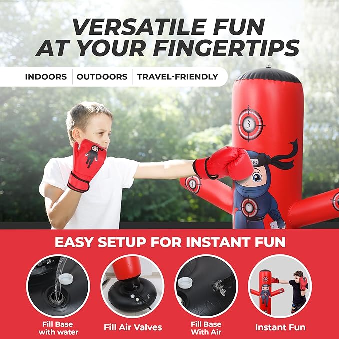 PUNCHO Inflatable Punching Bag for Kids - 63" Kid Boxing Bag Set - Karate Gifts for Boys and Girls Age 3-12 - Kids Punching Bag & Birthday Gift with Boxing Gloves, Air Pump, eBook - Ninja Kid Toys