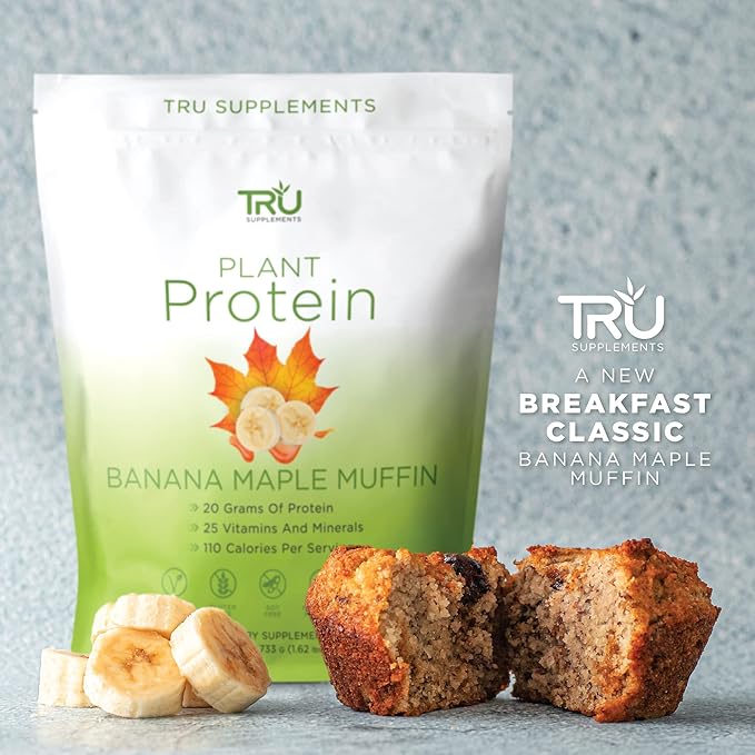 TRU Plant Based Protein Powder, BCAA, EAA, 20g Vegan Protein, 100 Calories, 27 Vitamins, No Artificial Flavors 25 Servings (Banana Maple Muffin)