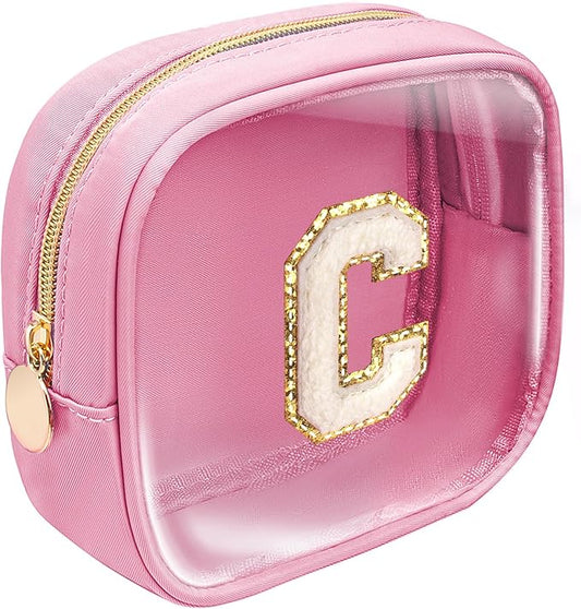 Initial Make Up Bag Travel Toiletry Bag, Small Clear Makeup Bag Preppy Cosmetic Bags Organizer Travel Essentials Gifts for Women Teen Girlfriend Teacher Mom Brithday Back to School Gifts (Pink, C)