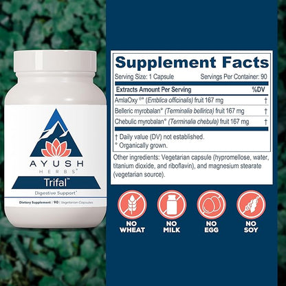 Ayush Herbs Trifal, Digestive Support Supplement for Women and Men, Capsules for Digestion, Intestinal Health, and Antioxidant Boost, Ayurvedic Herbs and Supplements, 90 Vegetarian Capsules