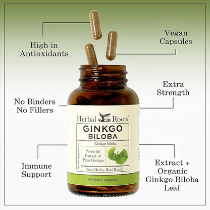 Herbal Roots Ginkgo Biloba Made with Pure Organic Ginkgo Leaf - 1,400mg per Serving, 60 Vegan Capsules
