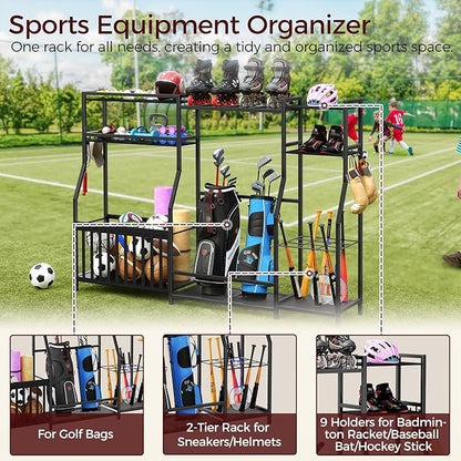 Sports Equipment Storage for Garage, Large Size Garage Storage,78.3" Ball Storage Rack, Sports Equipment Organizer with Hooks, Ball Holder for Football, Basketball, Black BEHB17201