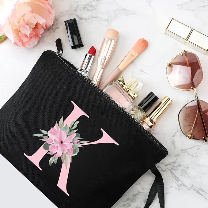 Vavabox A-Z Personalized Makeup Bag, Birthday Gifts for Women Mom, Gifts for Best Friend, Bride Bridesmaid Cosmetic bag (K, Black)
