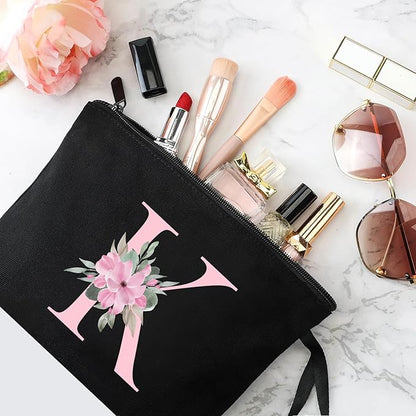 Vavabox A-Z Personalized Makeup Bag, Birthday Gifts for Women Mom, Gifts for Best Friend, Bride Bridesmaid Cosmetic bag (K, Black)