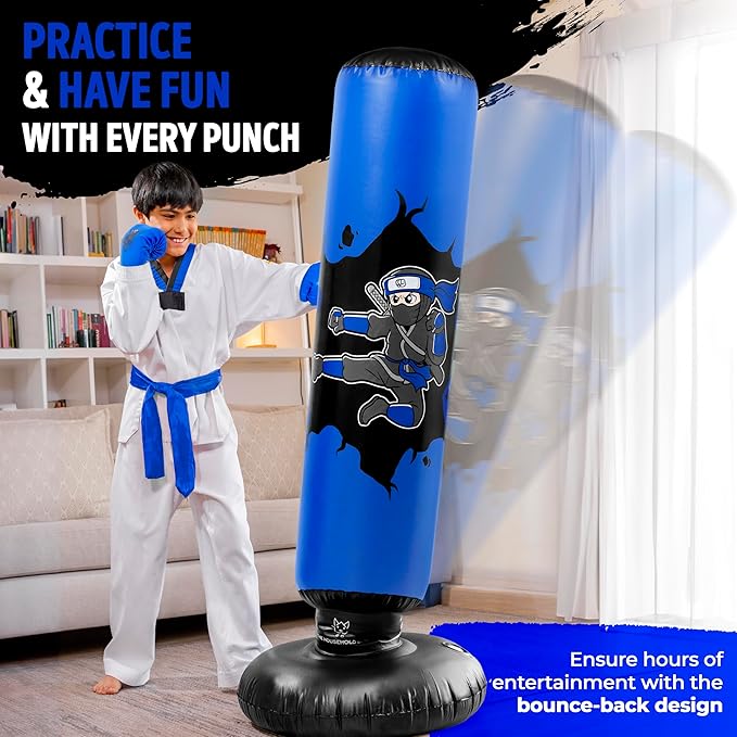 THB Punching Bag for Kids - Inflatable Punching Bag Stand with Boxing Gloves for Kids Age 3-8, 63” Ninja Boxing Bag with Electric Air Pump to Practice Taekwondo, Karate, MMA, Bouncing Back Boxing Set