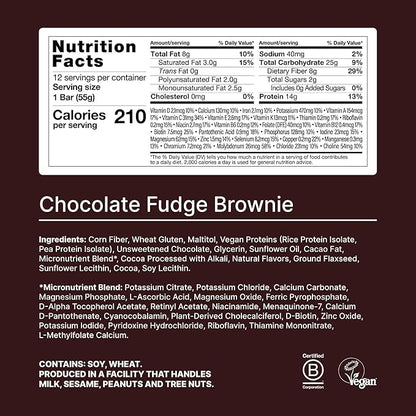 Huel Complete Nutrition Vegan Protein Bars | Chocolate Fudge Brownie | 13g Protein, 27 Vitamins and Minerals, 2g Sugar, Non-GMO, 100% Plant Based Snack | 12 Pack