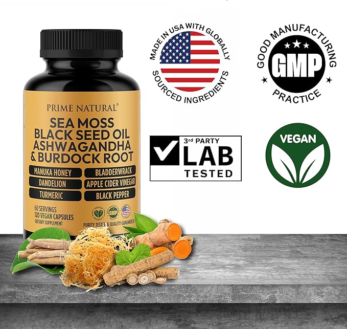 Sea Moss 3000mg Black Seed Oil 2000mg Ashwagandha 1000mg Turmeric 1000mg Bladderwrack 1000mg Burdock 1000mg Manuka Honey Dandelion ACV - 120 Capsules | 60 Days Supply | Vegan