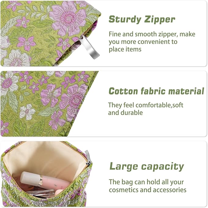 Flower Makeup Bag Travel Large Cosmetic Bag for Women Cute Purple Floral Makeup Pouch Zipper Cosmetic Pouch for Purse Aesthetic Green Skincare Organizer Bag Portable Toiletry Bag