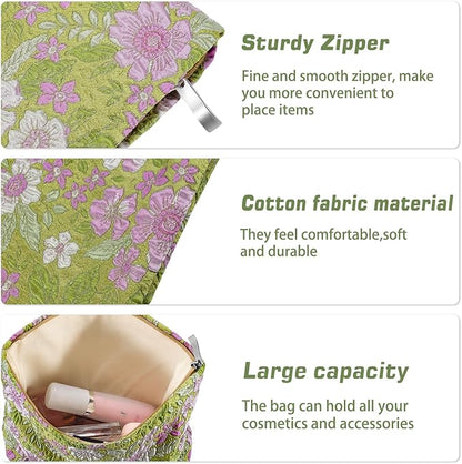 Flower Makeup Bag Travel Large Cosmetic Bag for Women Cute Purple Floral Makeup Pouch Zipper Cosmetic Pouch for Purse Aesthetic Green Skincare Organizer Bag Portable Toiletry Bag
