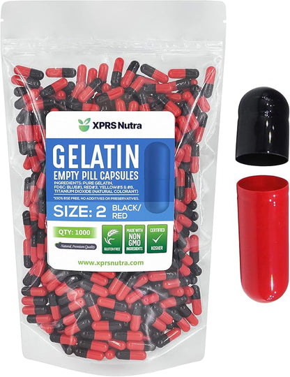 XPRS Nutra Size 2 Empty Capsules - 1000 Count Empty Gelatin Capsules - Empty Pill Capsules - DIY Capsule Filling - Pure Bovine Pill Capsules Empty Gel Caps (Black/Red)