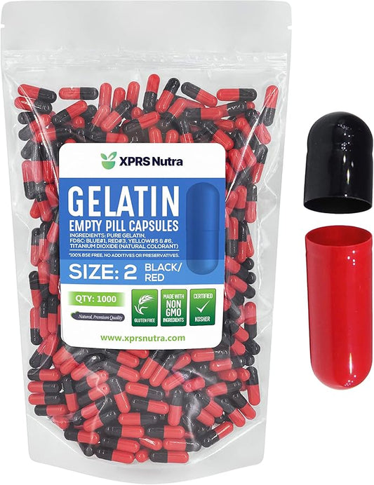 XPRS Nutra Size 2 Empty Capsules - 1000 Count Empty Gelatin Capsules - Empty Pill Capsules - DIY Capsule Filling - Pure Bovine Pill Capsules Empty Gel Caps (Black/Red)