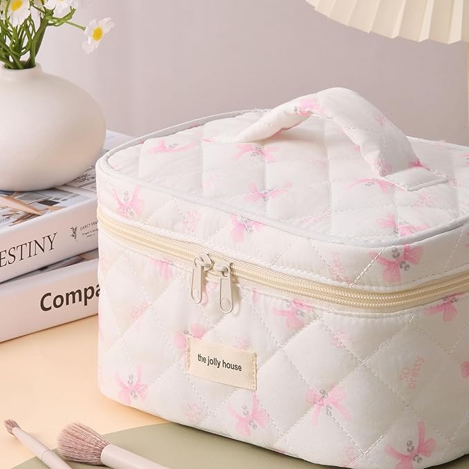 Cute Pink Bow Quilted Makeup Bag, Large Capacity Travel Cosmetic Bag for Women and Girls, Aesthetic Storage for Daily and Travel Use (Pink Bow)
