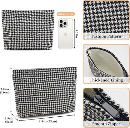 WOZEAH Checkered Makeup Bag for Purse Small Cosmetic Pouch,Stylish Zipper Make up Pouch Travel Canvas Toiletry Bags(Houndstooth)