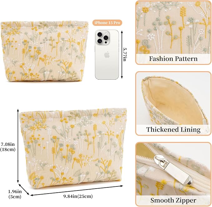 WOZEAH Floral Makeup Bag for Purse Small Cosmetic Pouch,Stylish Zipper Make up Pouch Travel Canvas Toiletry Bags(Plant Embroidery)