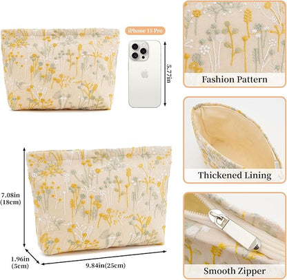 WOZEAH Floral Makeup Bag for Purse Small Cosmetic Pouch,Stylish Zipper Make up Pouch Travel Canvas Toiletry Bags(Plant Embroidery)