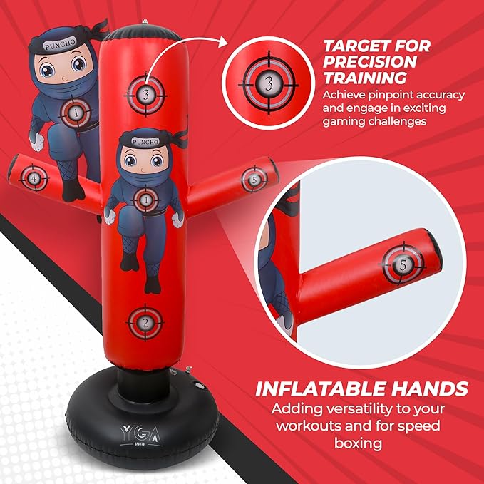 PUNCHO Inflatable Punching Bag for Kids - 63" Kid Boxing Bag Set - Karate Gifts for Boys and Girls Age 3-12 - Kids Punching Bag & Birthday Gift with Boxing Gloves, Air Pump, eBook - Ninja Kid Toys