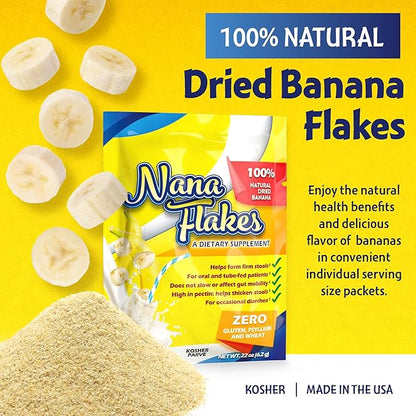 Nutritional Designs Nana Flakes Anti-Diarrheal Banana Powder, IBS Relief & Heart Burn Remedy, 100% Pure Banana Flakes Medical Food - Natural - High Protein& Fiber (50 Single-Serve Packs)