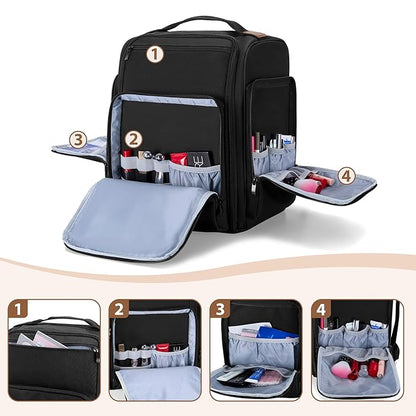BAFASO Makeup Backpack with 4 Removable Pouches & 1 Brush Bag, Travel Makeup Case with Multiple Storage Spaces for Hair Supplies, Black