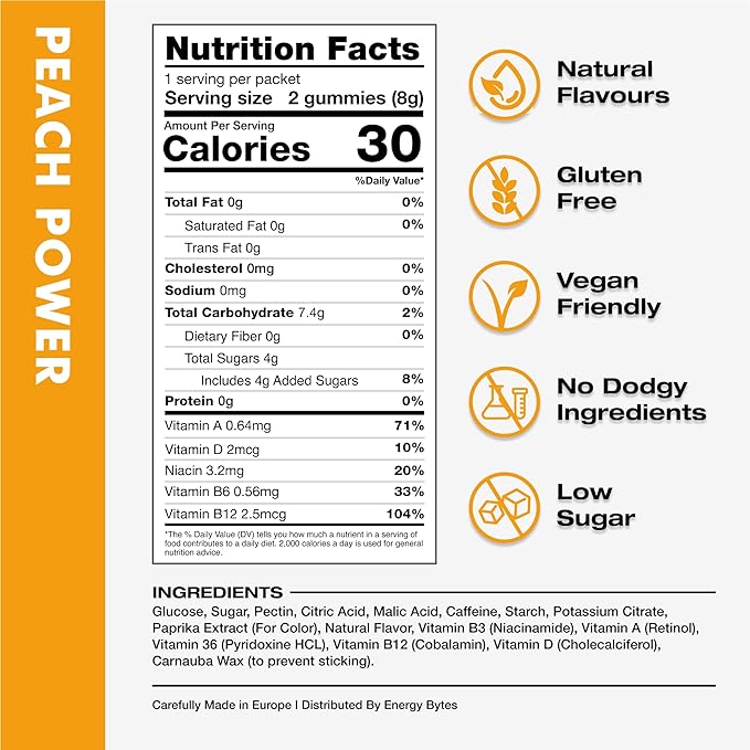 Energy Bytes Caffeine Gummies | Instant Energy Chews for Running, Cycling and Sports Performance | Vegan, Low Sugar | Peach Power (12-Pack)