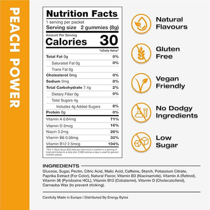 Energy Bytes Caffeine Gummies | Instant Energy Chews for Running, Cycling and Sports Performance | Vegan, Low Sugar | Peach Power (12-Pack)
