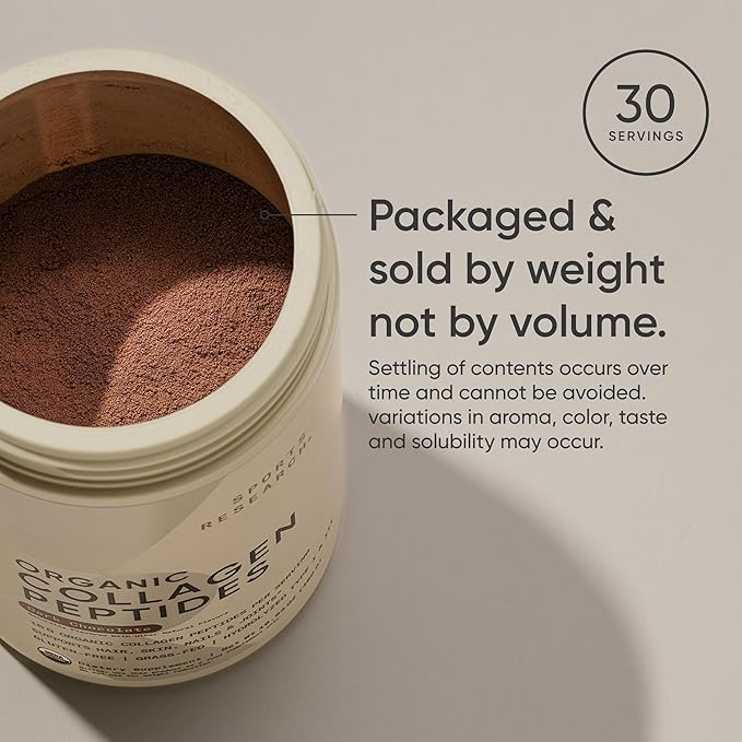 Sports Research Organic Collagen Peptides (Dark Chocolate) - Hydrolyzed Type I & III Collagen Protein Powder with Amino Acids - USDA Organic, Gluten Free, Sustainably Sourced - 30 Servings