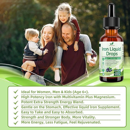 2 Pack Liquid Iron Supplement for Women Men & Kids, Vegan Iron Drops with Vitamin C D, B12, B-Complex, High Potency Liquid Iron with Multivitamin for Anemia, Energy Support, Magnesium Iron Gentle