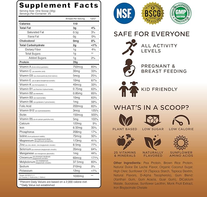 TRU Plant Based Protein Powder, BCAA, EAA, 20g Vegan Protein, 100 Calories, 27 Vitamins, No Artificial Flavors 25 Servings 25 Servings (Dulce De Leche)