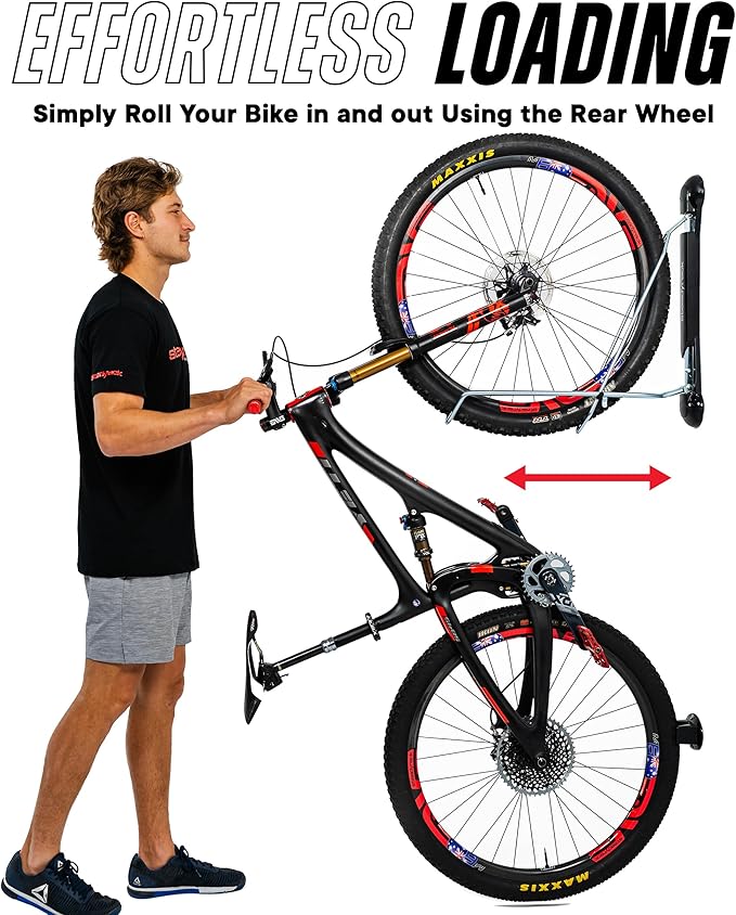 Steadyrack Bike Rack - Pivoting Mountain Bike Rack, Holds Up 77lbs, Fits 20"-29", 2.1"-2.8" Tires, Foldable Wall Mount for Space-Saving Storage Bicycle Hanger