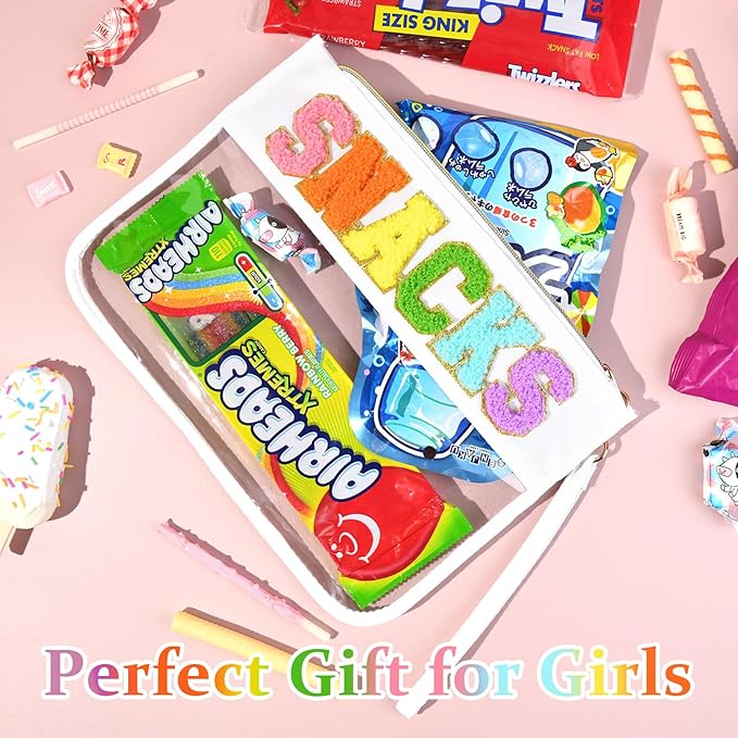 Snack Bags Clear Chenille Letter Pouch Travel Bag Zipper Nylon Makeup Bag Organizer Cosmetic Pouch Toiletry Bag Waterproof Summer Travel Gifts for Women