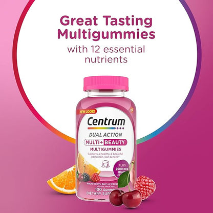 Centrum MultiGummies Multi+ Beauty Dual Action Multivitamin, Specially Designed with Biotin for Healthy Hair, Skin and Nails, Cherry/Berry/Orange Flavors - 100 Count