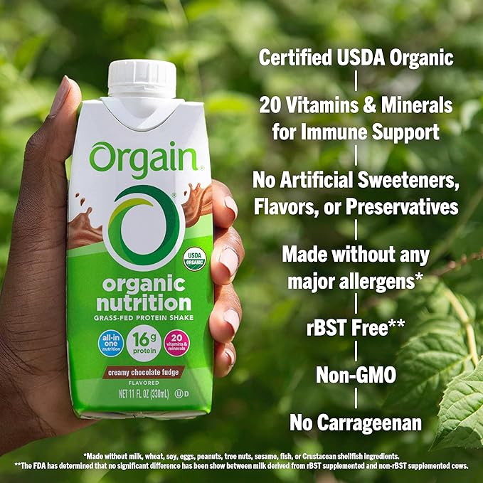 Orgain Organic Nutritional Protein Shake, Creamy Chocolate Fudge - 16g Grass Fed Whey Protein, Meal Replacement, 20 Vitamins & Minerals, Fruits & Vegetables, Gluten Free, Non-GMO, 11 Fl Oz (4 Pack)