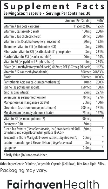 Fairhaven Health Women’s Multivitamin Essentials | Once-Daily Women’s Multivitamin Support for Energy, Immune Health, Eye Health, Hormone Balance | Gluten, Dairy, Soy Free | Non-GMO | 30 Capsules