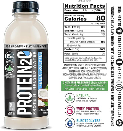 Protein2o 15g Whey Protein Infused Water, Tropical Coconut, 16.9 oz Bottle (Pack of 12)