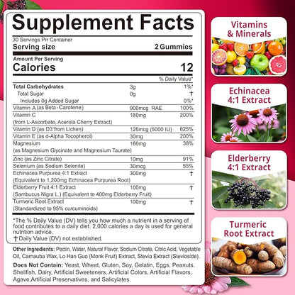 10 in 1 Daily Multivitamin Gummies Immune Boosters for Adults, w/Magnesium, Vitamin D3 5000IU, Elderberry, Echinacea, Vitamin C, Zinc & Selenium, Energy, Respiratory & Cellular Health Support, 60Cts