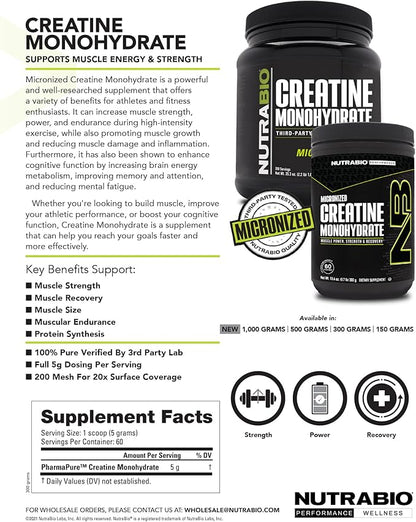 NutraBio Pure Creatine Monohydrate Powder Supplement, Unflavored, (300 g) - Supports Bulk Muscle Energy, Recovery, and Strength - HPLC Tested Pure Grade Creatine Powder Supplement for Men and Women