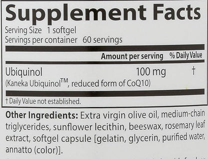 Doctor's Best Ubiquinol with Kaneka QH, Healthy Heart, Enhances Cellular Energy, Antioxidant, Non-GMO, Gluten Free, Soy Free, 100 Mg