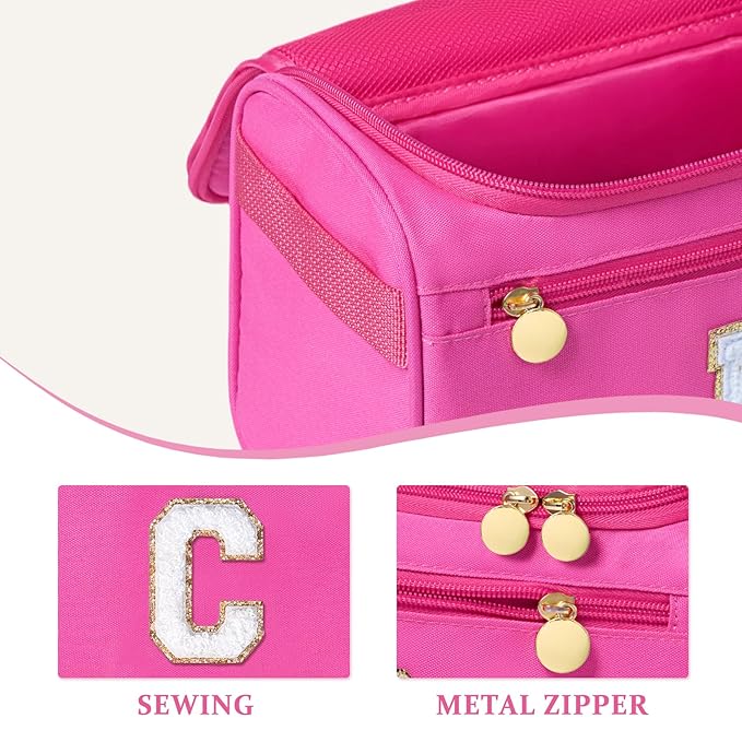 COSHAYSOO Honeymoon Anniversary Travel Trip Favor Gifts for Women Friends Wife Bride to Be Traveling Toiletries Essentials Accessories Stuff, Initial Hanging Toiletry Bag Waterproof Hot Pink Letter C