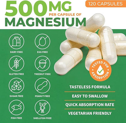 ForestLeaf Magnesium Complex 500mg - Magnesium 500mg Capsules - Magnesium Supplement 500 mg - Magnesium for Sleep, Magnesium for Constipation - Magnesium Supplement for Women (120 Ct)