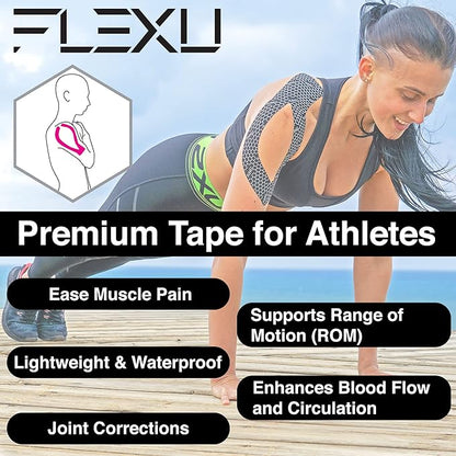 FlexU Kinesiology Tape; Available in Pre-Cut or Continuous Options; Advanced Strength and Flexibility for Enhanced Therapeutic Recovery; Provides Support, Stability, & Pain Relief to Muscles & Joints