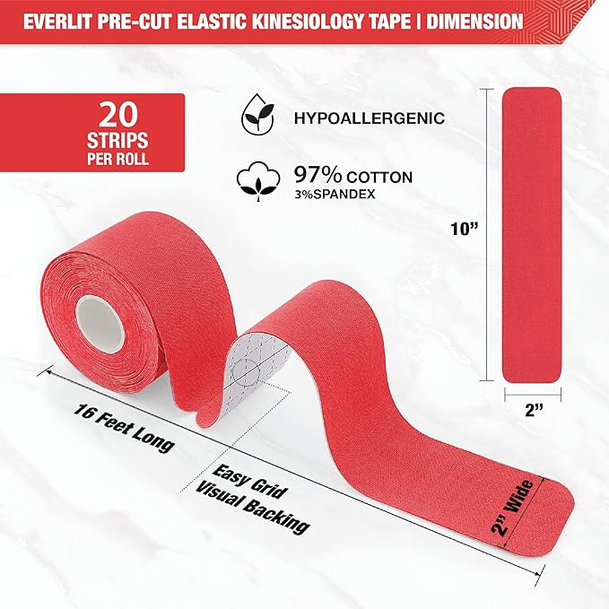 EVERLIT [Single] Pre-Cut Elastic Cotton Kinesiology Therapeutic Athletic Sports Tape, For Pain Relief And Support, 20 Precut 10” Strips (Red)