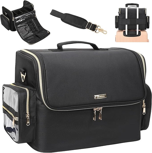 Professional Makeup Bag, Tattoo Case, Makeup Artist Bag Extra Large Capacity Cosmetic Train Case Travel Organizer Box with Adjustable Dividers (Black, Extra Large)