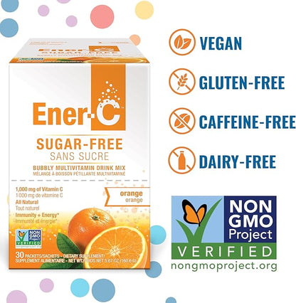 Ener-C Sugar Free Energy Orange Multivitamin Drink Mix Vitamin C 1000mg & Electrolytes - Natural Immunity Support with Real Fruit Juice Powders Non-GMO Vegan & Gluten Free - 30 Count