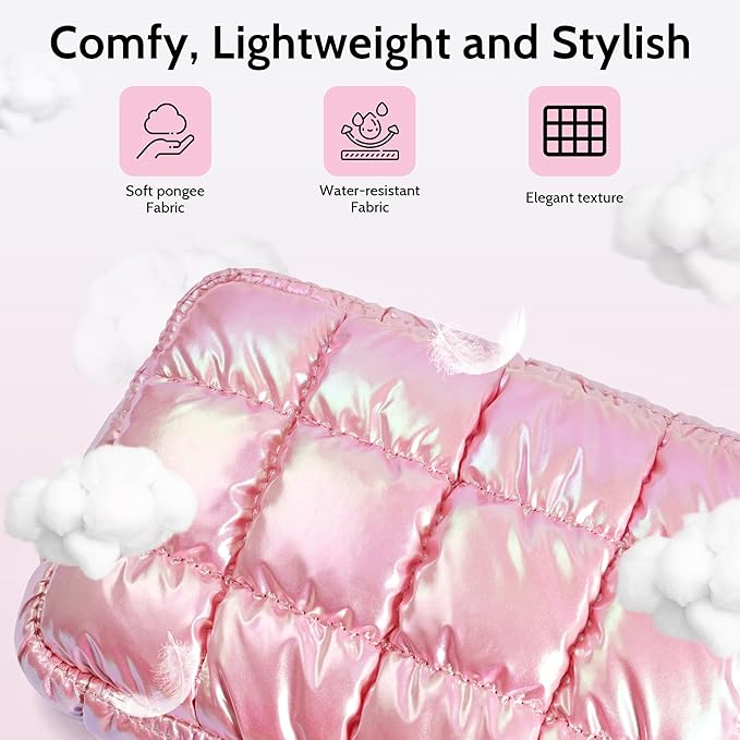Quilted Cosmetic Bag, Puffer Makeup Bags, Crossbody Purses for women,Cute Travel Toiletry Bag for Women (Dazzling Light Pink)