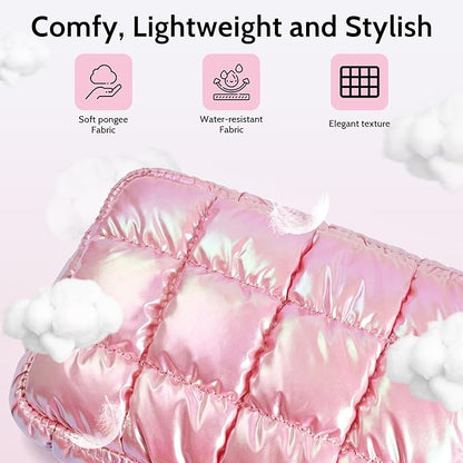 Quilted Cosmetic Bag, Puffer Makeup Bags, Crossbody Purses for women,Cute Travel Toiletry Bag for Women (Dazzling Light Pink)