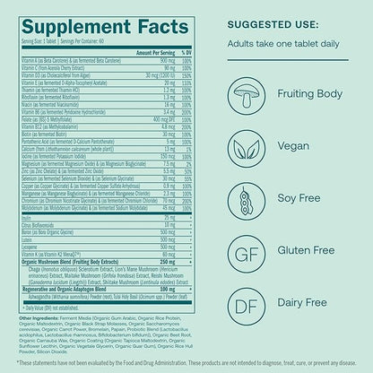 True Grace Men's 40+ One Daily Multivitamin Fermented Minerals, Organic Adaptogens & Mushrooms Whole Body Balance Immune, Endurance, Bone & Heart Support Supplement - Non-GMO - 60 Vegan Tablets
